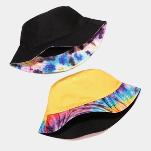 Foldable tie-dye bucket hat for women, reversible cotton canvas sun hat in yellow and black