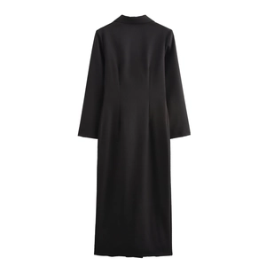Classic double-breasted long black trench coat with wide-cut design shown from back view