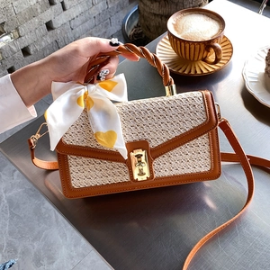 Straw Woven Crossbody Bag For Women With Satin Scarf Bowknot PU Leather Patchwork Handbag Small Square Summer Purse