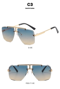 Detailed side and front view of rimless gold sunglasses with blue yellow gradient lenses