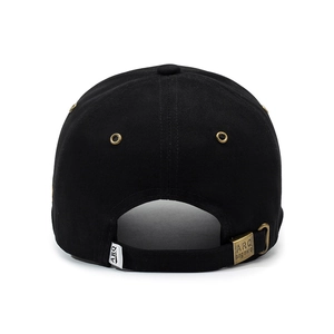 Rear view of black men's baseball cap with adjustable metal buckle and cotton fabric