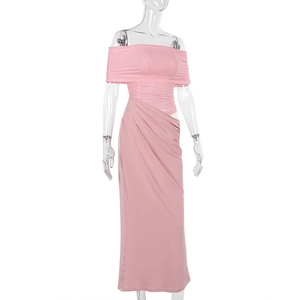Detailed front view of pink off-shoulder slim fit maxi dress with ruched fabric details