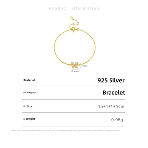 Detail view of 925 silver golden butterfly bracelet with size and weight specifications