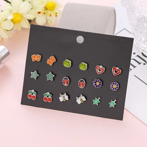 Set of 9 pairs colorful enamel animal stud earrings featuring butterflies and frogs on card