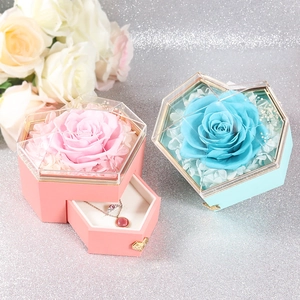Preserved rose jewelry gift box in pink and blue hexagonal design with necklace drawer