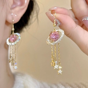 Boucles D'oreilles Gland Planète Avec Pierre Ovale Rose Strass Pendentif Étoile Style Palais Rétro Élégant Pour Femmes
