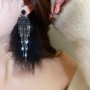 Detailed view of long black fringe earrings with sparkling rhinestones and soft feathers