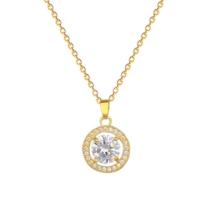 Luxurious gold titanium necklace with hollow round zircon pendant and sparkling crystals