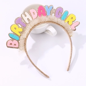 Birthday Girl headband with colorful felt letters, gold glitter ring and lace trim