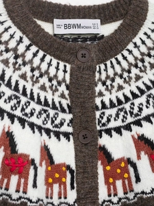 Macro detail of Fair Isle knit cardigan collar with woven brand label and brown buttons