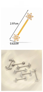 Detailed view of titanium nipple rings with cubic zirconia in gold and silver finishes