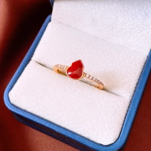 Détail d'une bague plaquée or 18 carats avec gourde rouge sur une boîte à bijoux bleue