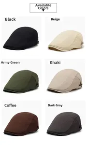 Detail view of cotton flat caps in six colors with adjustable side buckles and fine stitching