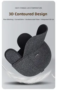 Detail view of winter earflap baseball cap with 3D tailoring and metallic logo accent