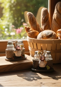 Detail of chef resin salt and pepper shaker holder set with woven texture and glass bottles