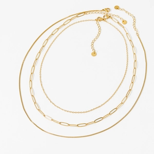 Three-layer gold stainless steel chain necklace set with adjustable lobster clasps
