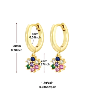 Luxury gold hoop earrings with colorful zircon flower pendants and product dimensions