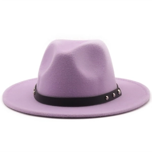 Close-up of lavender wool felt fedora with black leather band and silver metal rivets