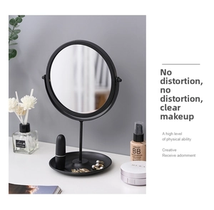 Detail of matte black desktop vanity mirror with storage base tray for jewelry