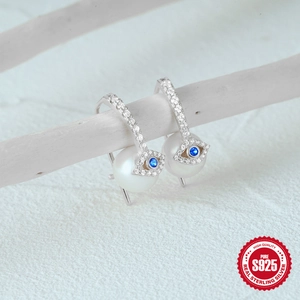 Elegant 925 sterling silver pearl earrings with blue evil eye design and zircons