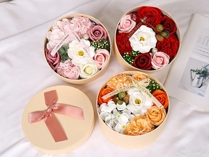 Soap flower gift boxes with roses and pearls in pink, red, and orange tones
