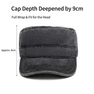 Flat top military cap in washed cotton dark grey with 9cm deep crown design