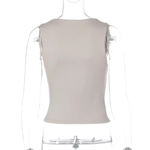 Rear view of beige slim fit square neck tank top on transparent mannequin