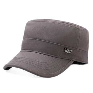 Dark grey cotton flat top army cap with metal sports style badge and embroidery