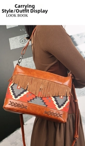 Detail of bohemian leather crossbody bag with geometric weave pattern and tassels