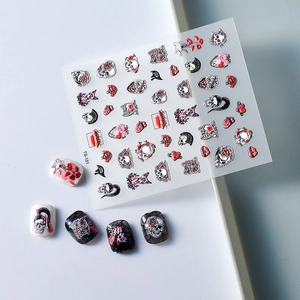 5D-geprägte Gothic-Nagelsticker mit Blumen-Skelett- und Herzmotiven, Modell TS-151