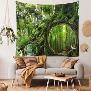 Detail of enchanted forest tapestry featuring giant roots and white doves on a wall