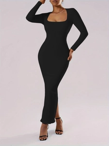 Elegantes schwarzes langärmeliges figurbetontes Maxikleid mit Karree-Ausschnitt für Damen