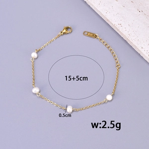 Elegant 18K gold plated stainless steel bracelet with freshwater pearls, length 15+5cm
