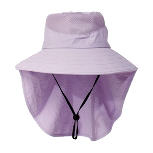 Detail view of light purple sun hat featuring breathable mesh vents and neck protection flap