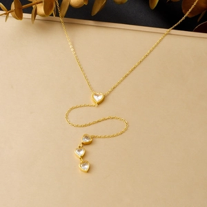 Elegant Heart Zirconia Y-Shape Lariat Necklace Stainless Steel Gold Plated Long Tassel Pendant For Women