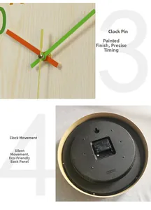 Detail of colorful hands and silent quartz movement on 12-inch bamboo texture wall clock