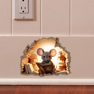 3D Mouse Hole Wall Sticker PVC Removable Decal Cute Cartoon Reading Mouse For Home Staircase Corner Decoration