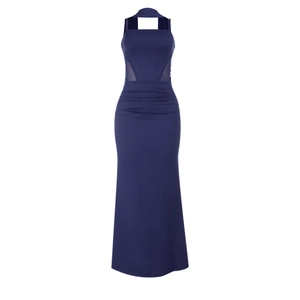 Detailed view of the mesh splice waist and ruching on a navy blue bodycon dress