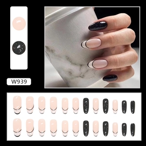 Long oval black glitter French nails with fine lines and pink base set 24pcs