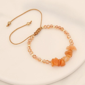 Handmade woven natural stone bracelet with orange crystals and adjustable gold beads