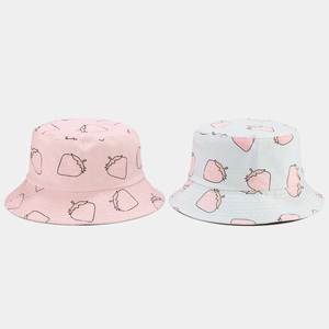 Canvas Strawberry Print Reversible Bucket Hat Sun Protection Wide Brim Cute Outdoor Beach Fishermans Cap