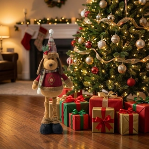 Detail of Christmas plush dog doll with retractable legs in a cozy festive setting