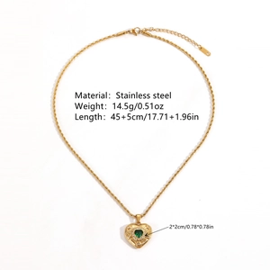 Collier vintage en acier inoxydable avec pendentif cœur cristal vert et chaîne torsadée