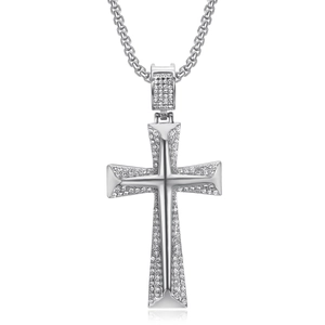 Collier pendentif croix hip hop en acier inoxydable argenté avec strass brillants