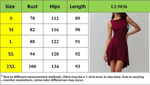 Detailed size chart for sleeveless bodycon dress showing bust and length measurements