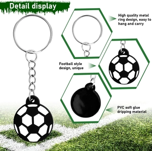 Detail view of a 3D soccer keychain made of PVC with high-quality metal ring and hook