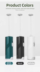 Handheld electric milk frothers in matte forest green, black, and white color options