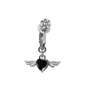 Silver gothic clip-on earrings with black heart gemstone and detailed angel wing design