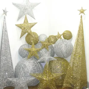 Sparkling Christmas star ornaments with glittery gold and silver wire cones and balls