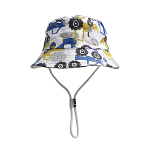 Detail view of white kids bucket hat with excavator prints and adjustable grey chin strap